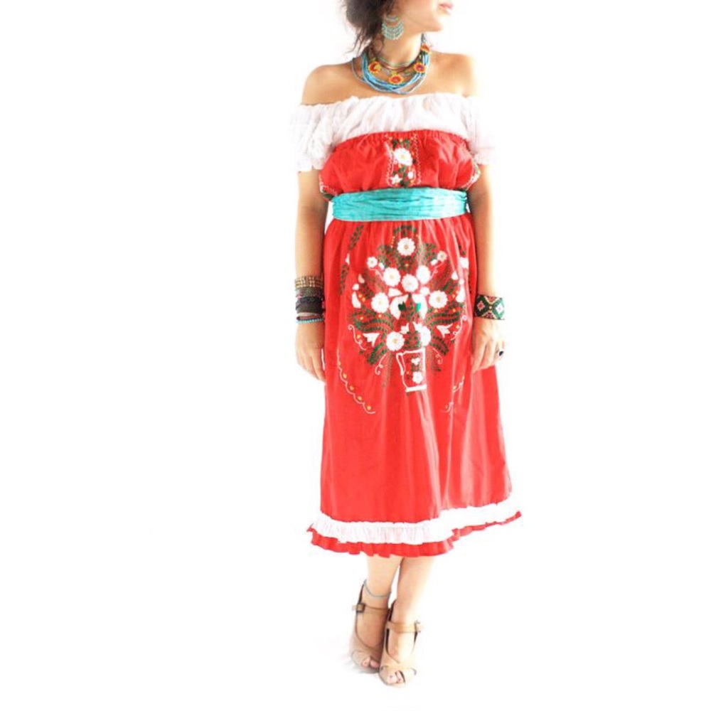 Mexican Dress Floral Strapless Embroidered